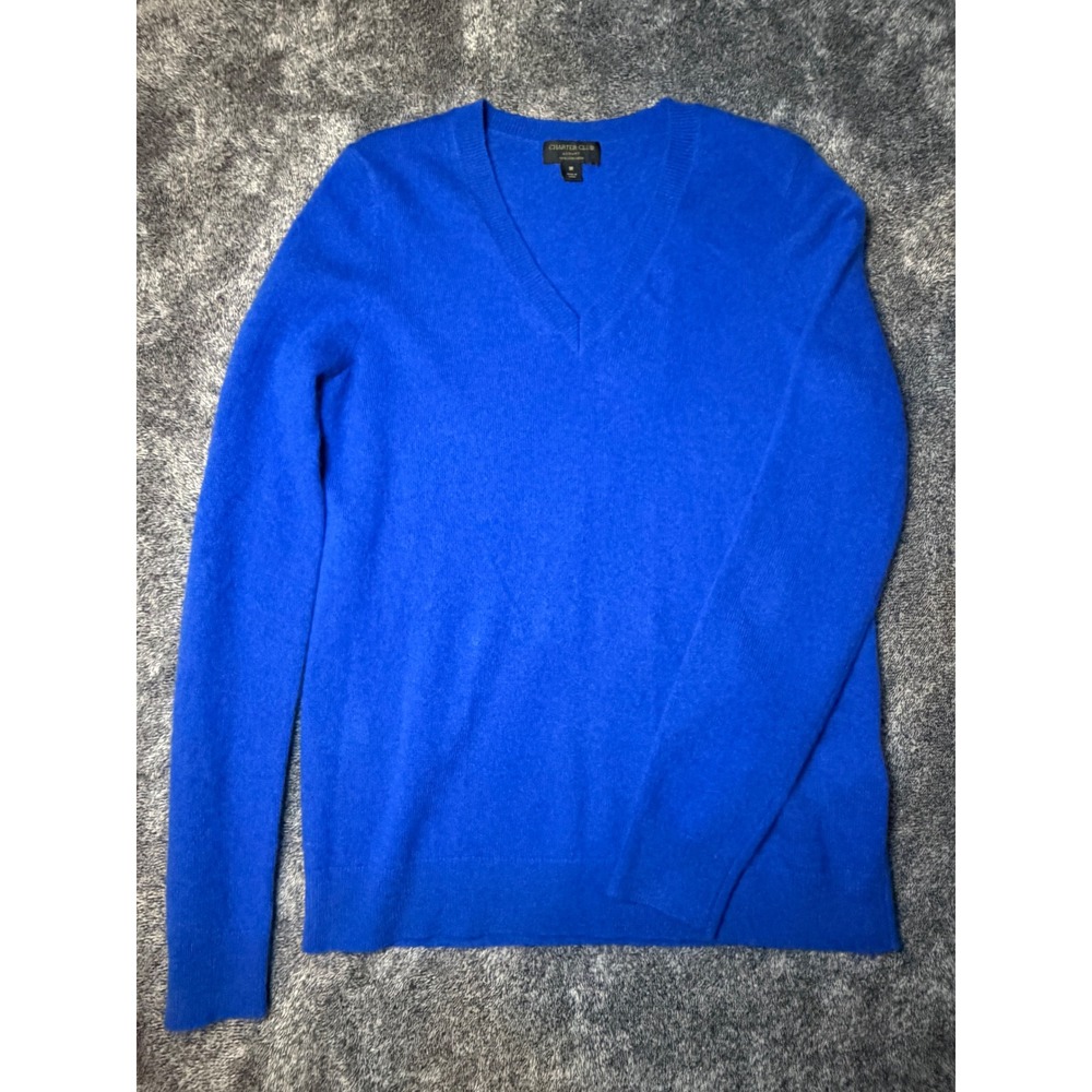 Charter Club Luxury Blue 100% Cashmere V-Neck Sweater Womens Medium